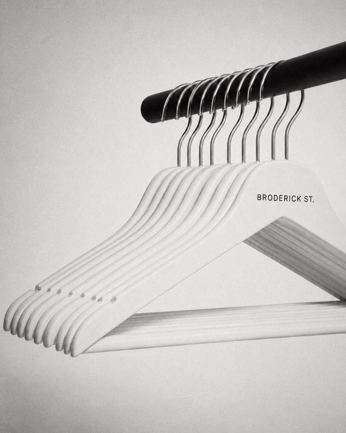 A row of branded Broderick St. hangers